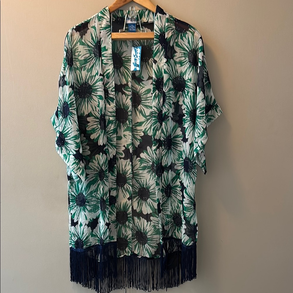 Green and Navy Blue Relaxed Swim Coverup with Fringe